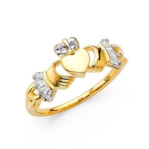 14K Yellow Gold CZ Claddagh Ring